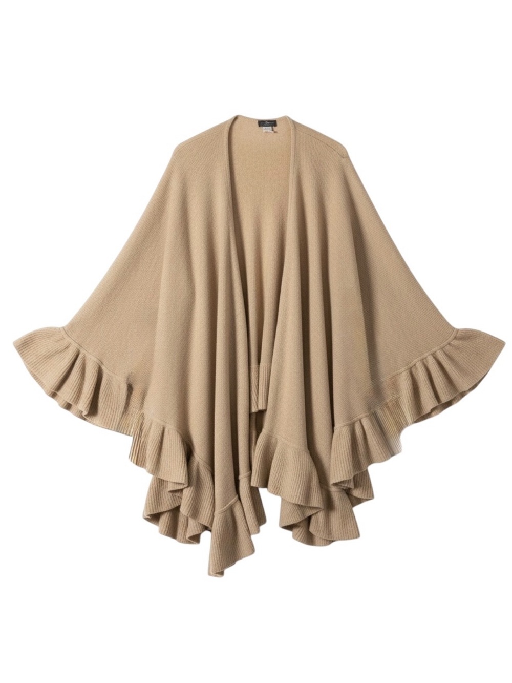 Holt Renfrew Asymmetric Wool Wrap Cape Shawl Ruffle Trim Beige Tan One Size